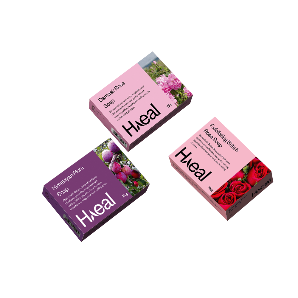 HAEAL 3 Soaps Combo Pack- Exfoliating British rose, Damask Rose, Himalayan Plum